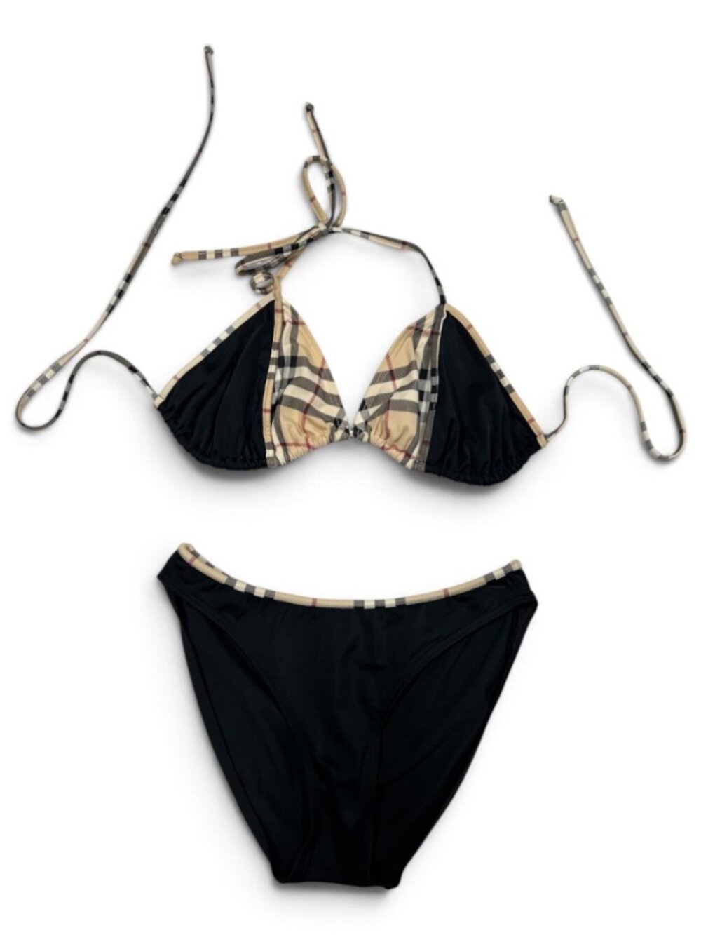 BURBERRY LONDON Black Nova Check Trim Two-Piece Triangle String Bikini M
